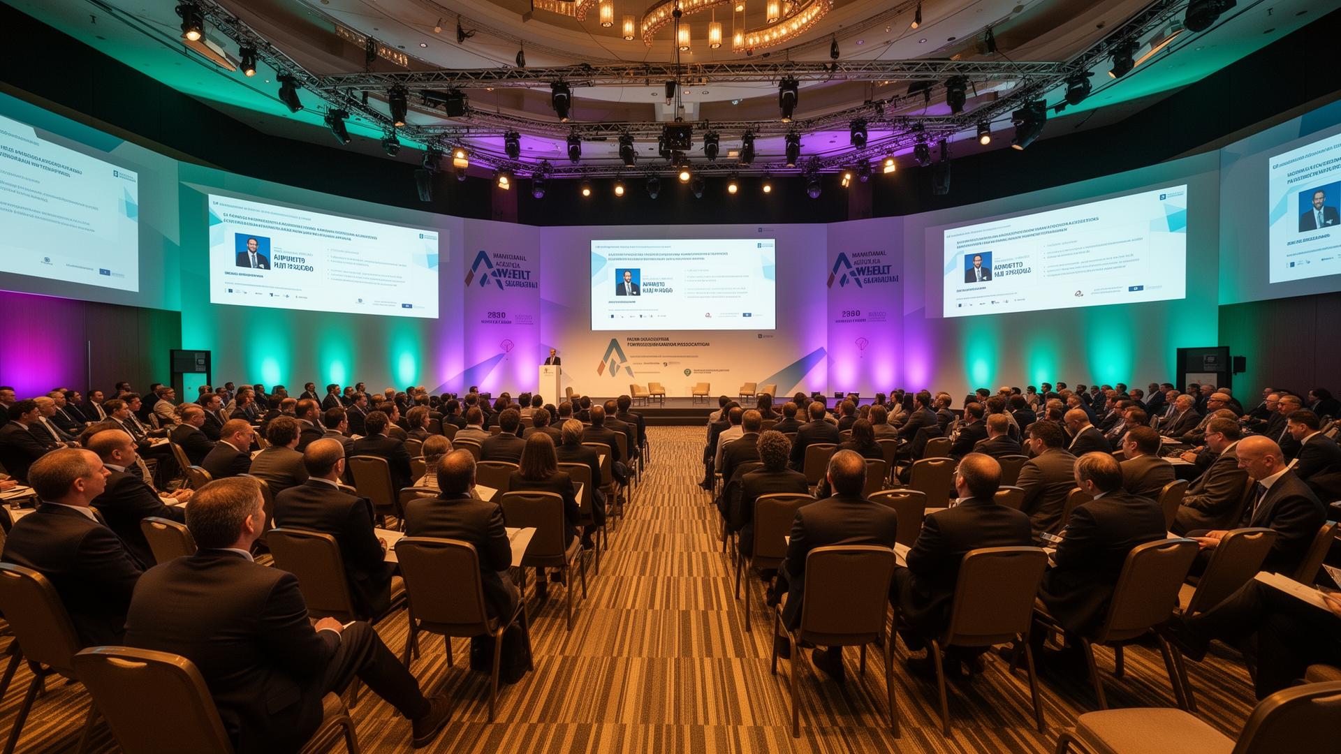 Diverse group of professionals seated in a circular arrangement at an association congress with branded banners and professional lighting
