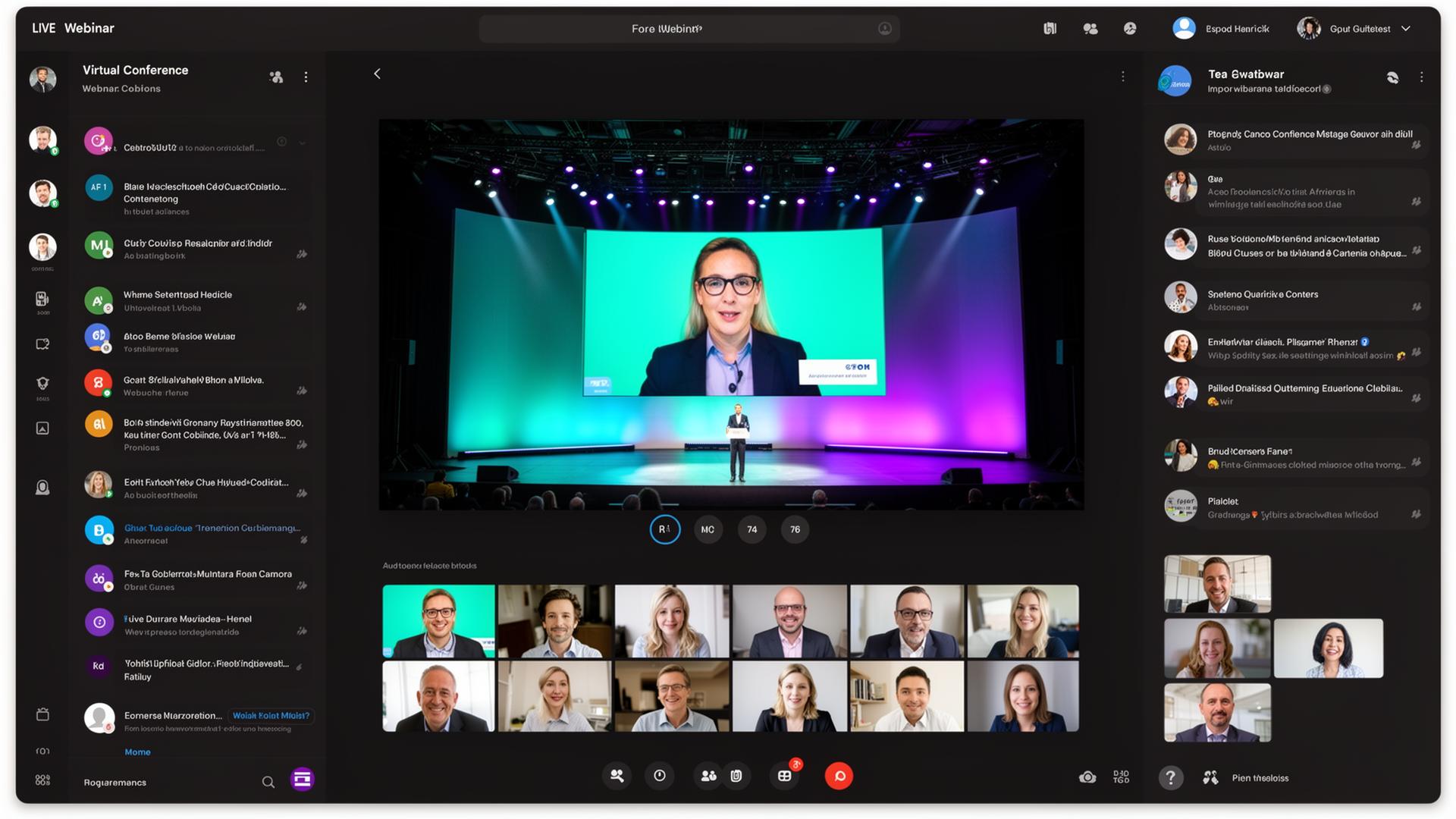 Virtual conference platform showing a live webinar with speaker, attendee grid, and chat panel